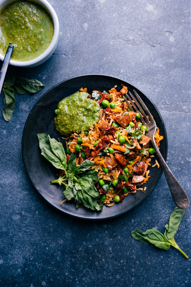 Pesto Rice with additional pesto on the side.