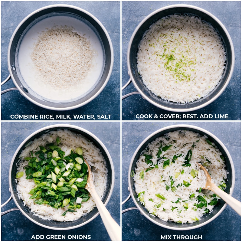 Process shots-- images of the rice, milk, water, salt, lime, and green onions being added to make the cilantro lime rice