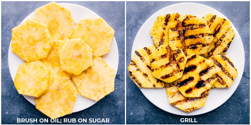 Process shots of pineapple steak-- images of the pineapples being grilled