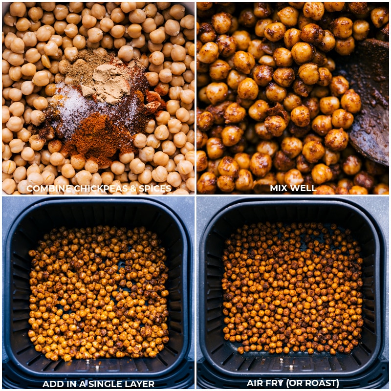 Process shots-- images of the chickpeas and spices being combined and then cooked in the air fryer