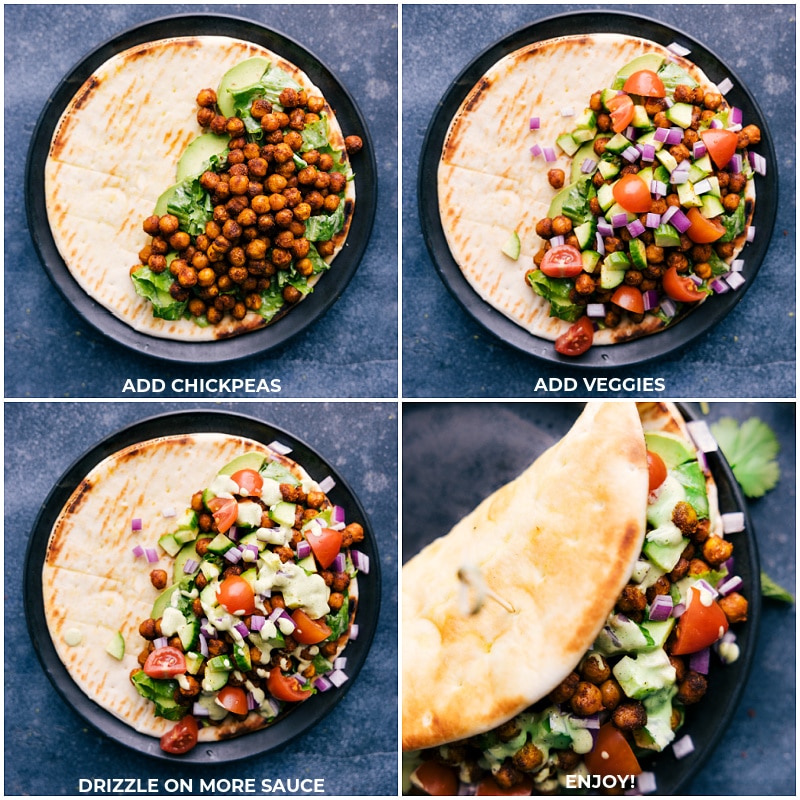 Proces shots-- images of the chickpeas, veggies, and sauce being added to a pita and it being wrapped together to be enjoyed