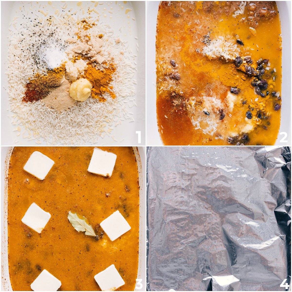 How To Make This Yellow Rice Recipe All the ingredients in this yellow rice recipe added into the pan and mixed together to be baked.