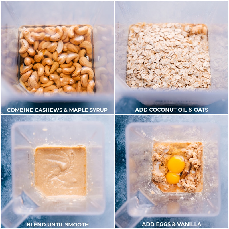 Process shots-- images of the cashews, maple syrup, coconut oil, and oats being added to the blender and being blended together than the eggs and vanilla being added