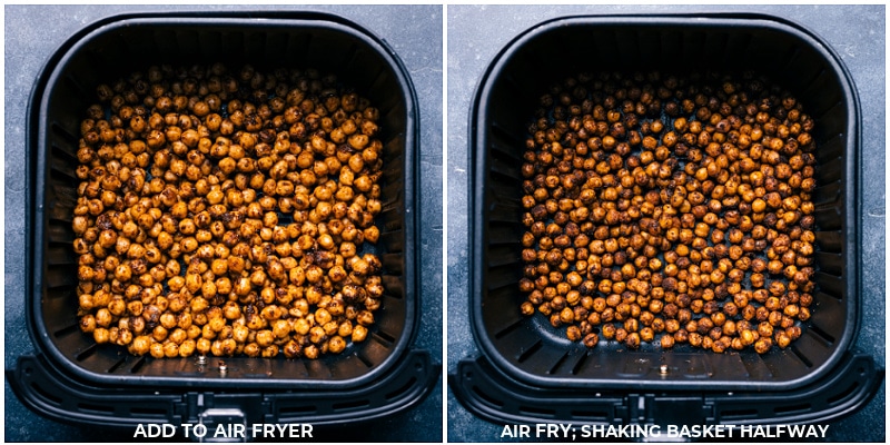Process shots-- images of the chickpeas being placed in the air fryer and frying