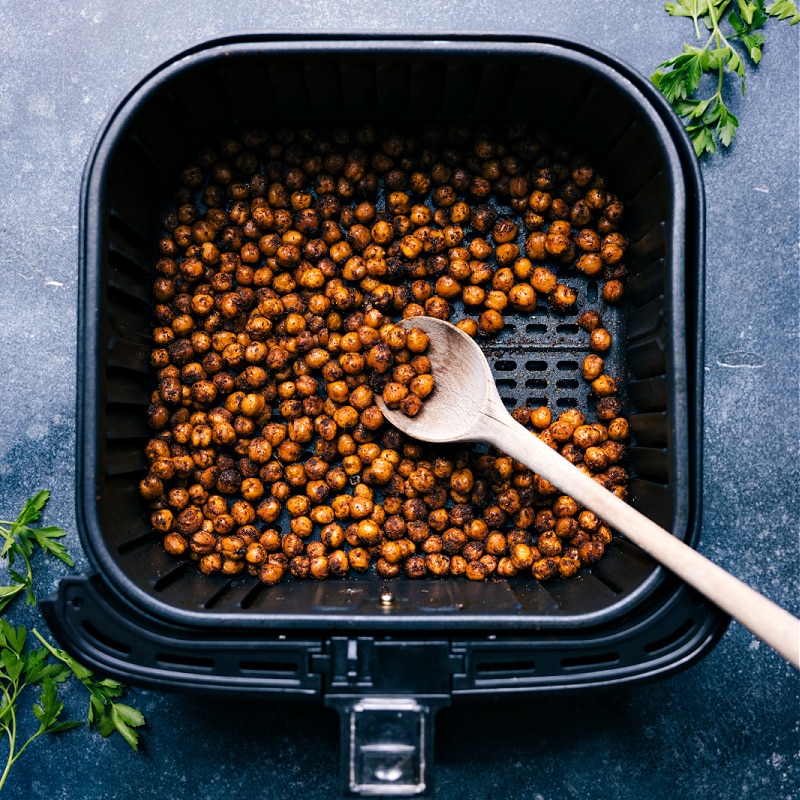 Overhead view of Roasted Chickpeas in the air fryer