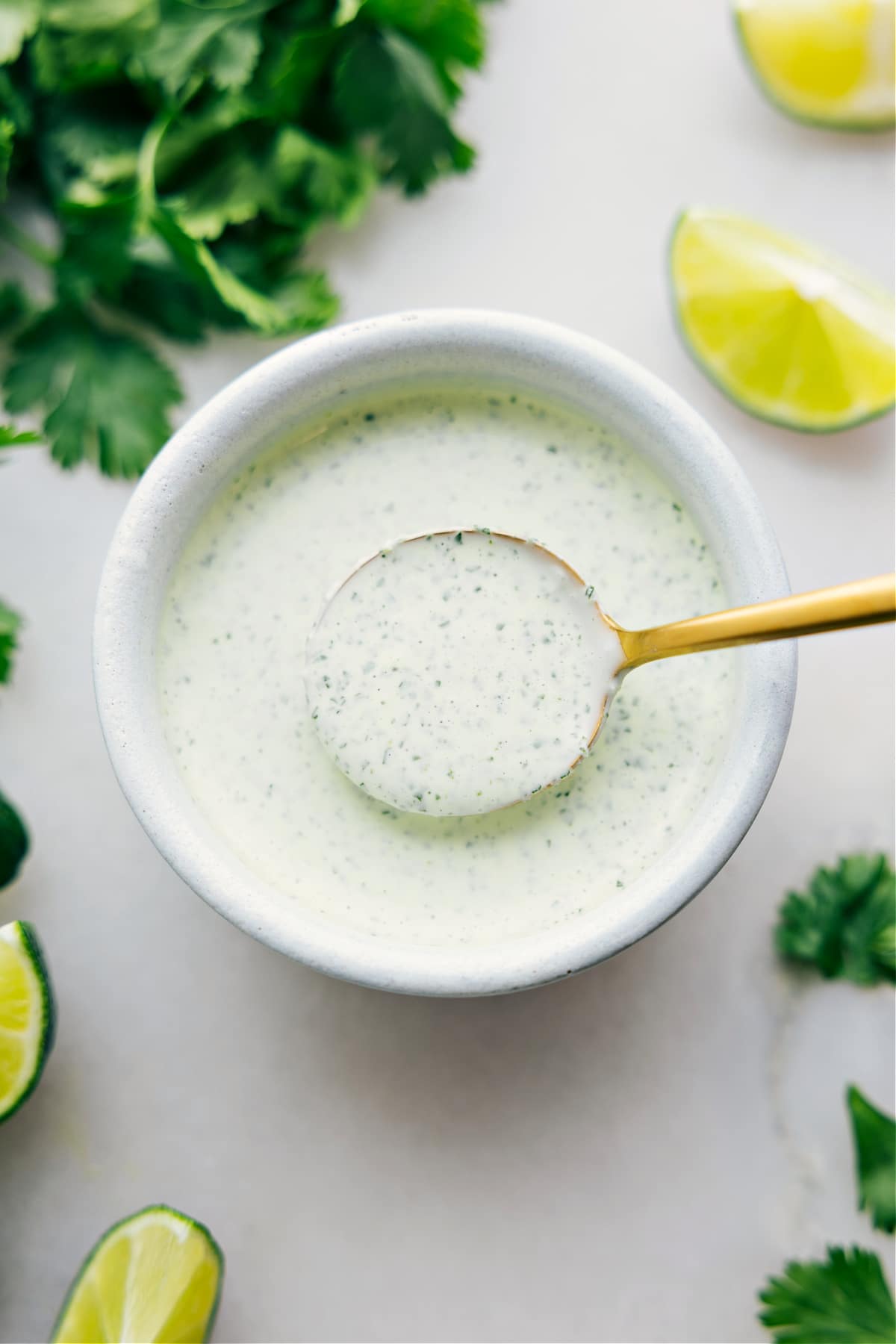 Cilantro Lime Sauce Recipe Cilantro Lime Sauce in a bowl with a spoonful coming up.