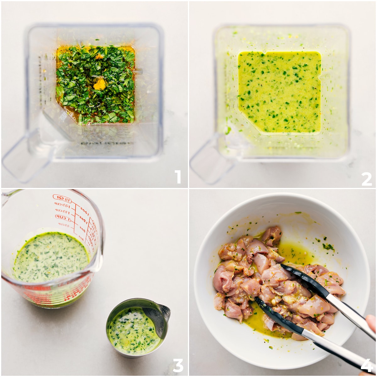 The citrus chicken marinade is blended together in the blender, then poured over the chicken to marinate.