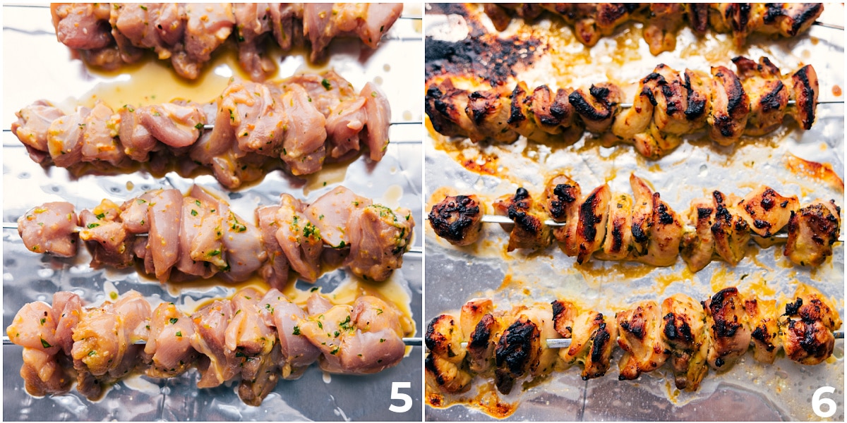 The meat is roasted in the oven on skewers.