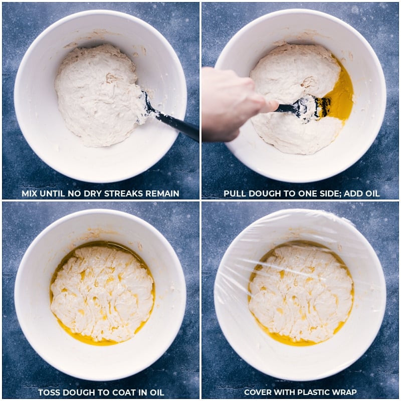 The dough is mixed together, oil is added, and then it is covered with plastic wrap.