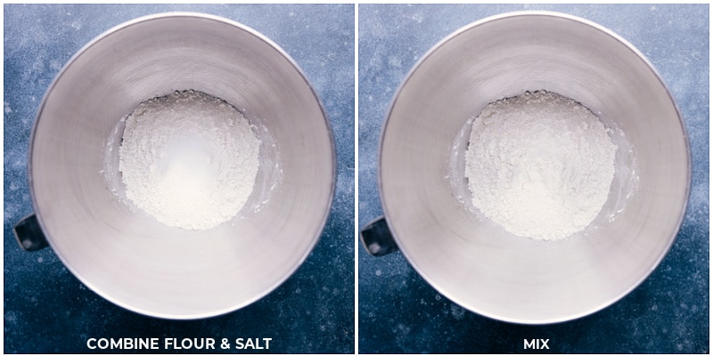 Image of the flour and salt being added to the stand mixer