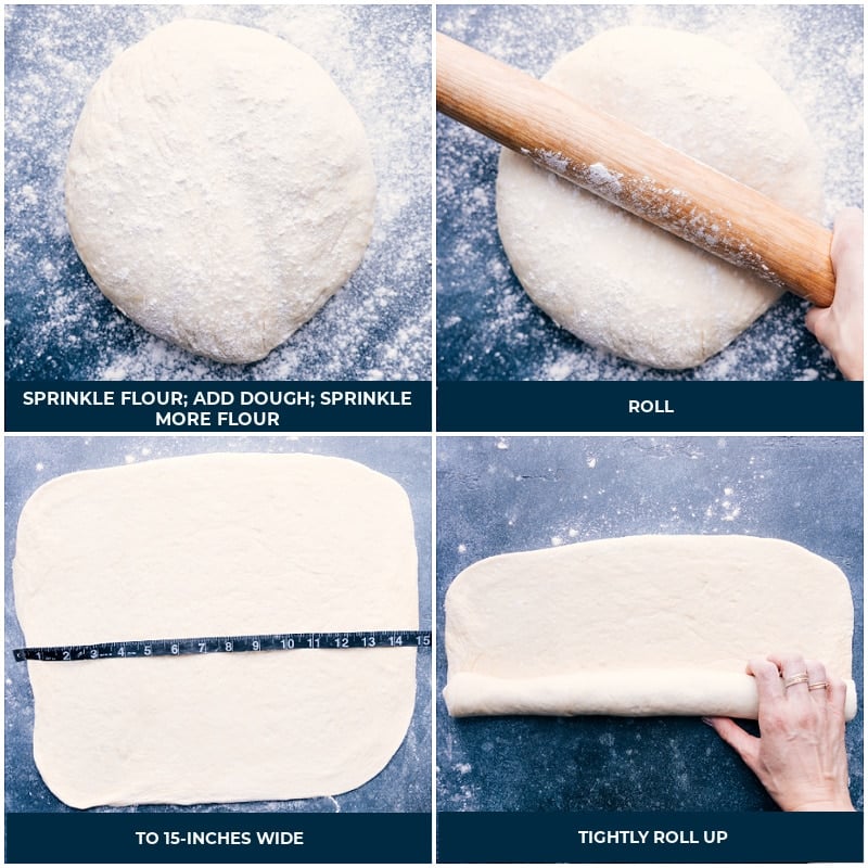 Process shots of French Bread-- images of the dough being sprinkled with flour and it being rolled out and then the dough being rolled up tightly