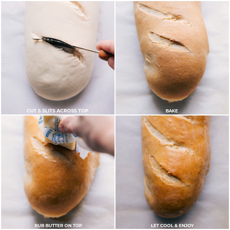 Process shots of the French Bread before and after being baked and rubbed with butter