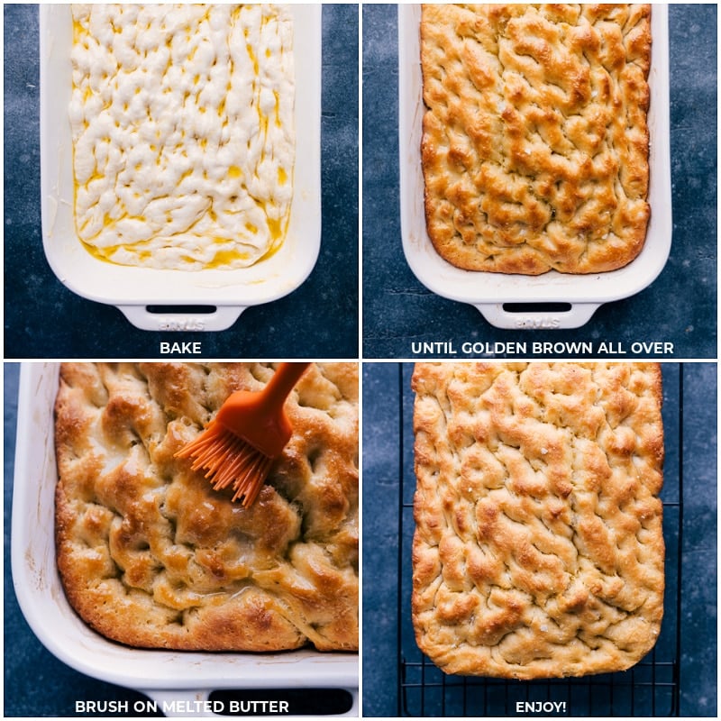 Process shots of Focaccia-- images of the dough being baked and then butter being spread on top