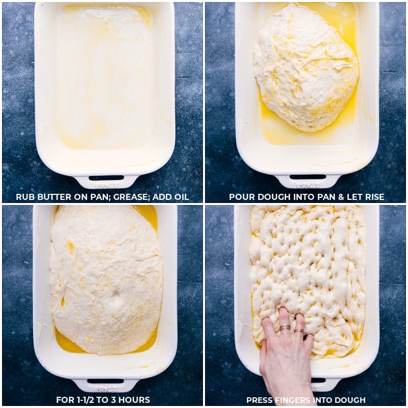 Grease the pan and place the dough in it. Let it rise for a few hours. Then, press your fingers into the dough to create the focaccia.
