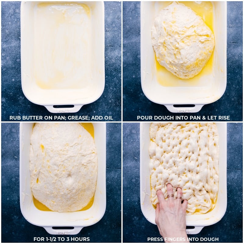 Process shots-- images of the pan being greased and the dough being set in the pan and it all rising for a few hours. Then fingers being pressed into the dough