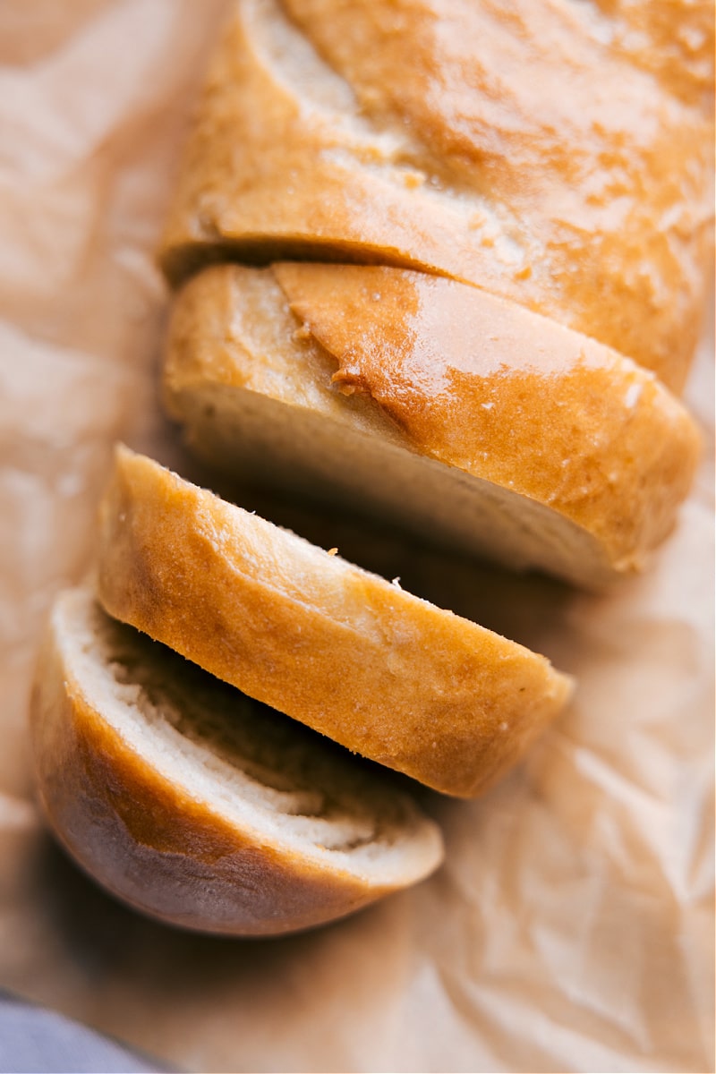 Overhead image of the French Bread freshly cut