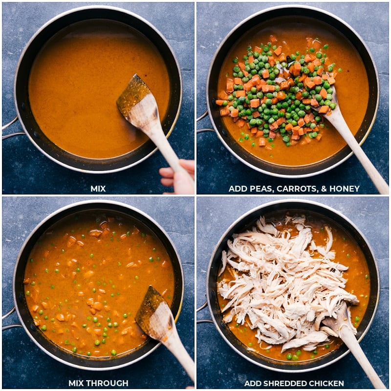 Process shots: mix the sauce; add peas, carrots and honey; mix well; add shredded chicken. 