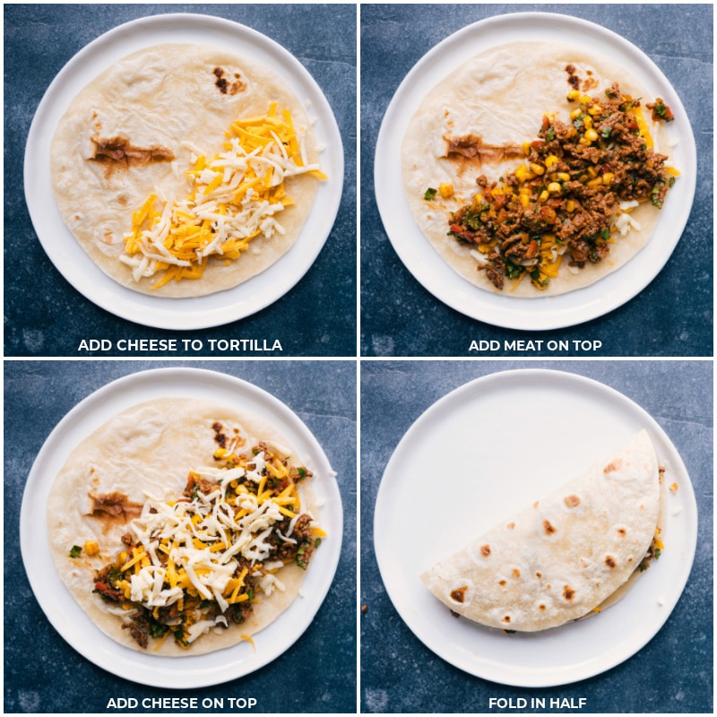 Process shots of Ground Beef Quesadillas-- images of the cheese being added to a tortilla; meat being layered on top; another layer of cheese being placed on top