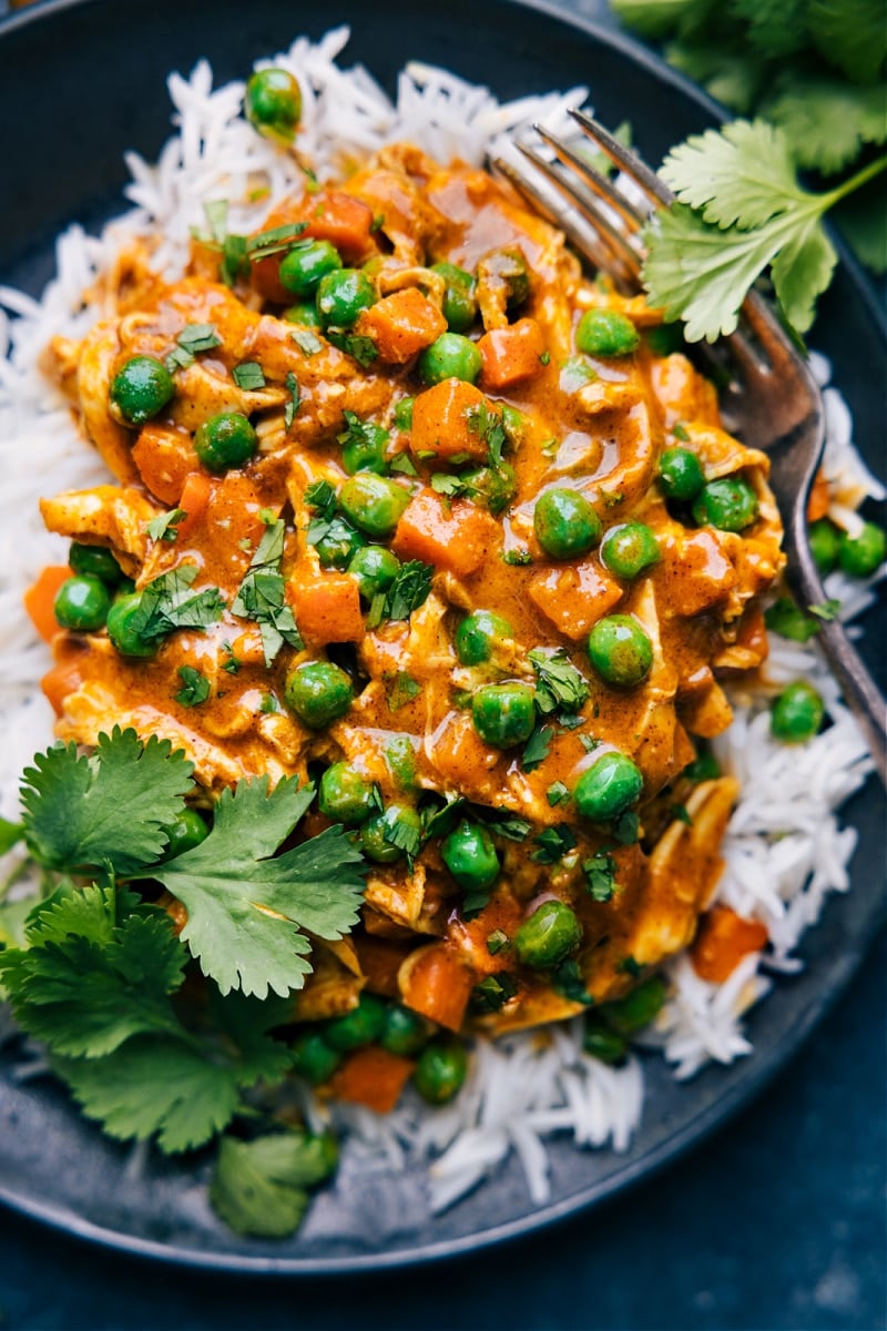 Close-up view of Garam Masala Chicken served with rice