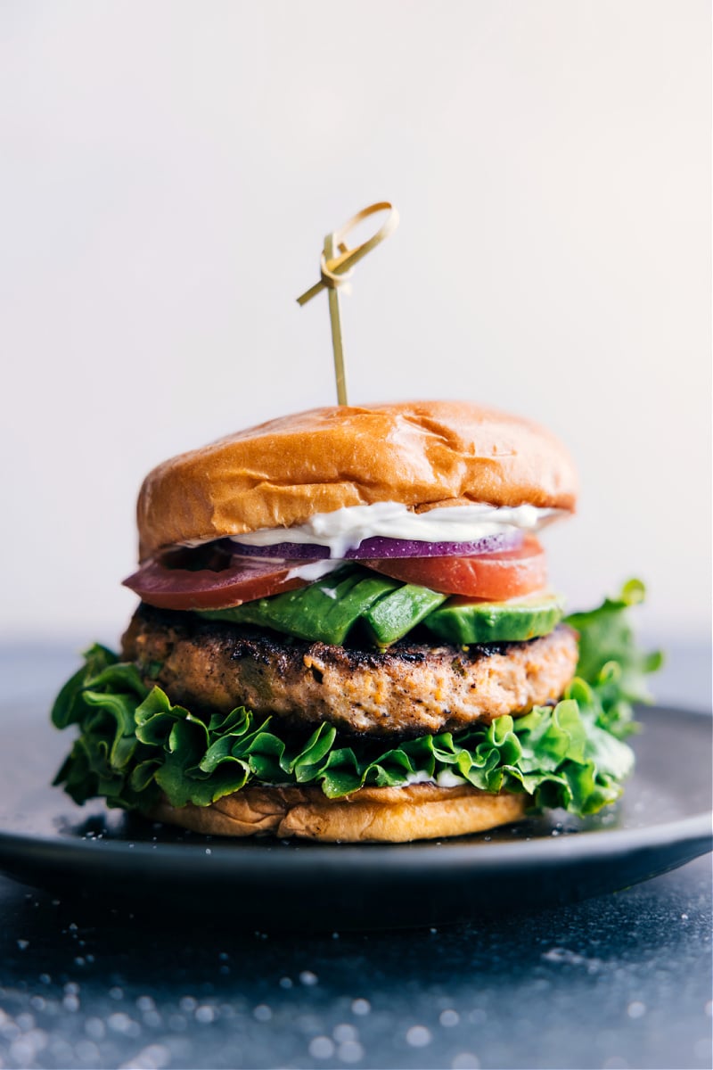 Green Chile Turkey Burger fully dressed and on a plate