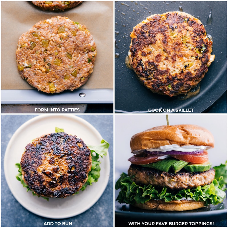 Process shots: form the mixture into patties; cook on a skillet; place on a bun and add toppings.