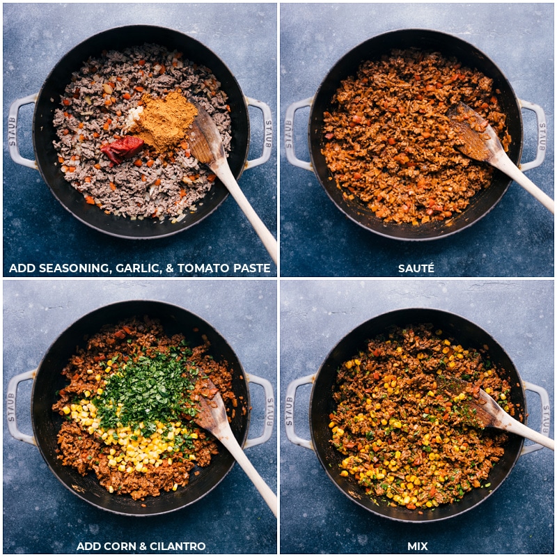 Process shots-- images of the ground beef being cooked; seasonings, garlic, tomato paste, corn, and cilantro being added