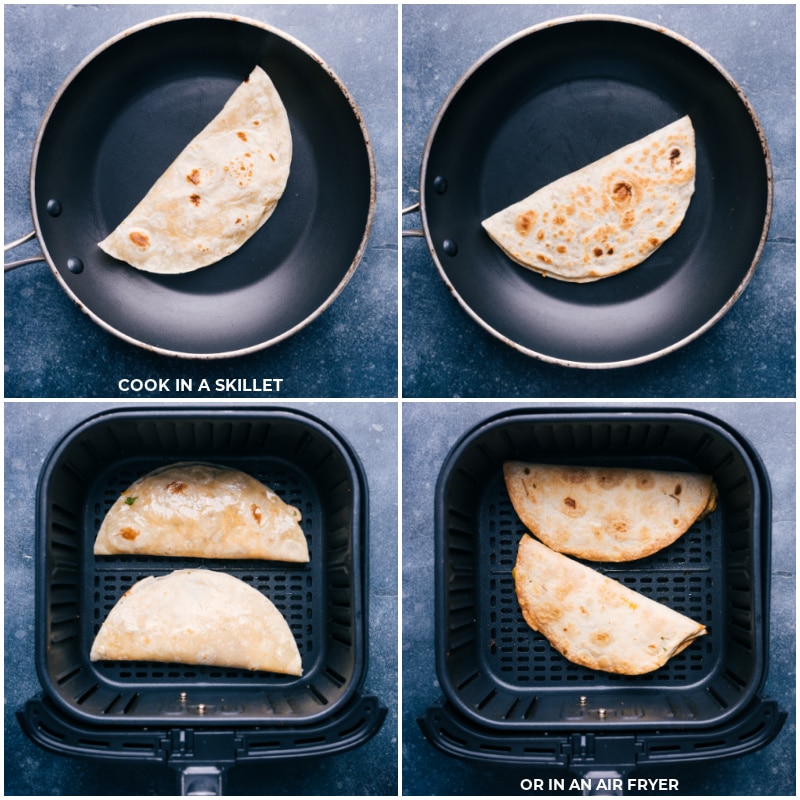 Process shots-- images of the quesadilla being cooked in a skillet and in an air fryer
