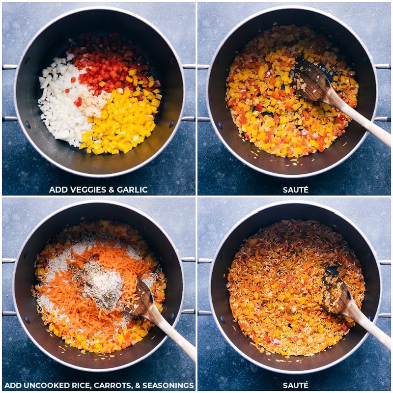 Process shots of one-pan Meatballs and Rice-- images of the veggies, garlic, rice, carrots, and seasonings being sautéed