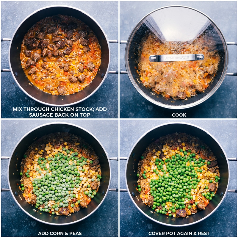 Process shots of one-pot Meatballs and Rice-- images of the dish coking and then corn and peas being added