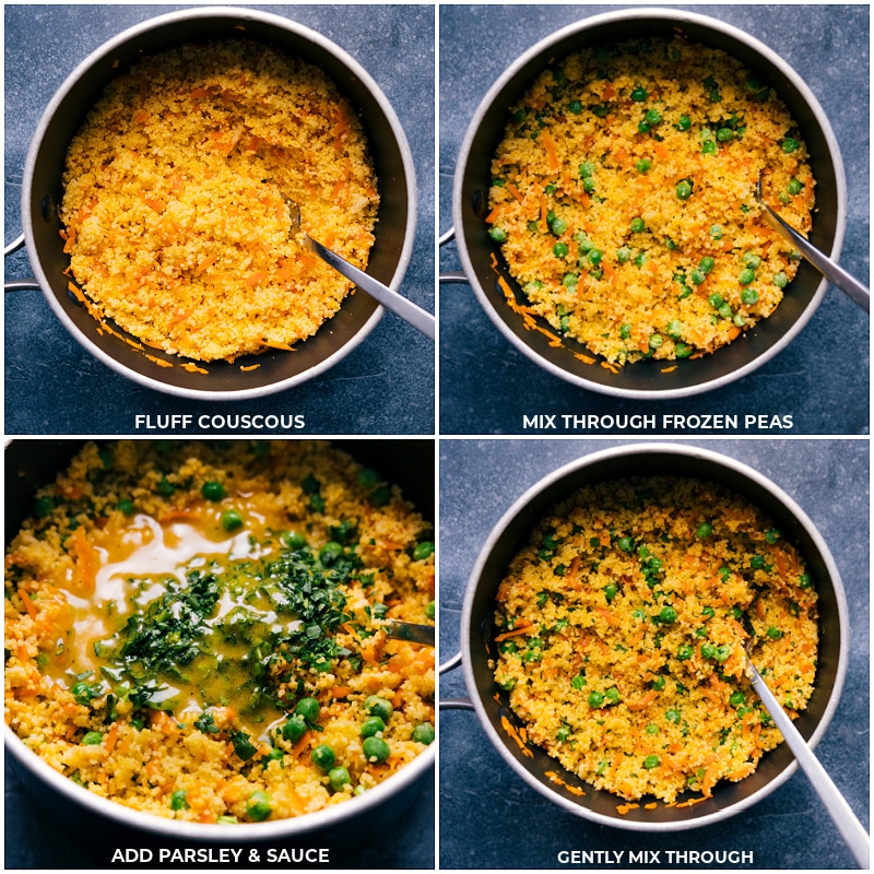 Process shots-- images of the couscous being fluffed, frozen peas, parsley, and sauce being poured over it all and everything being mixed through