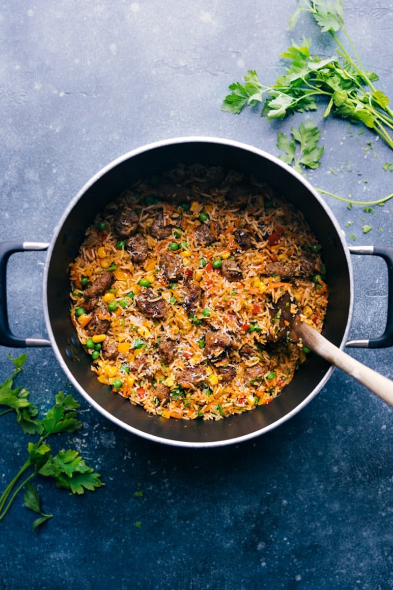 Overhead image of the one-pan Meatballs and Rice ready to be enjoyed