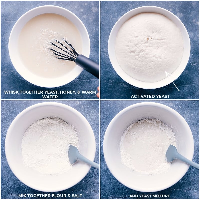 Yeast, honey, warm water, flour, and salt are mixed together in a bowl.