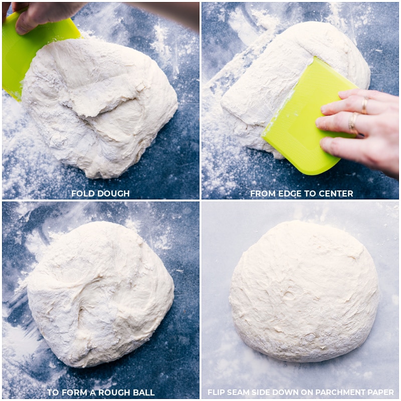 Process shots: fold dough from edge to center; form a rough ball; flip it seam-down onto parchment paper