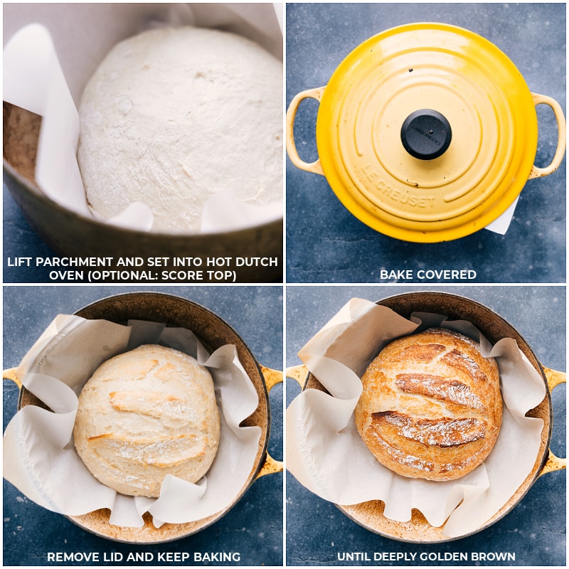 Baking process shots: lift bread by the parchment paper and place into a hot Dutch oven; cover and bake; remove lid and continue baking; when it's deeply golden, it's ready.