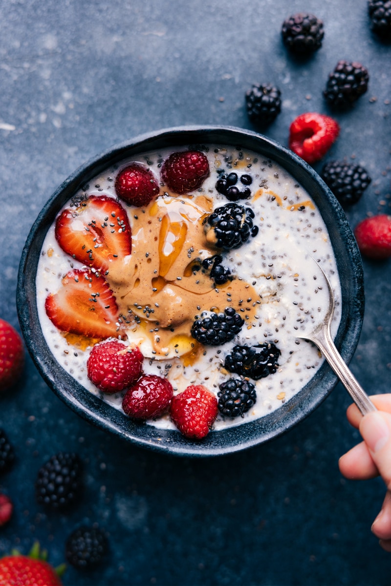 Closeup view of Overnight Oats with Chia Seeds and several toppings.