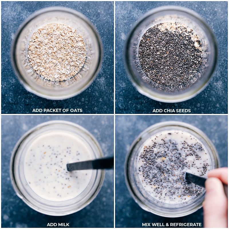 Process shots: Combine oats, chia seeds and milk; refrigerate.