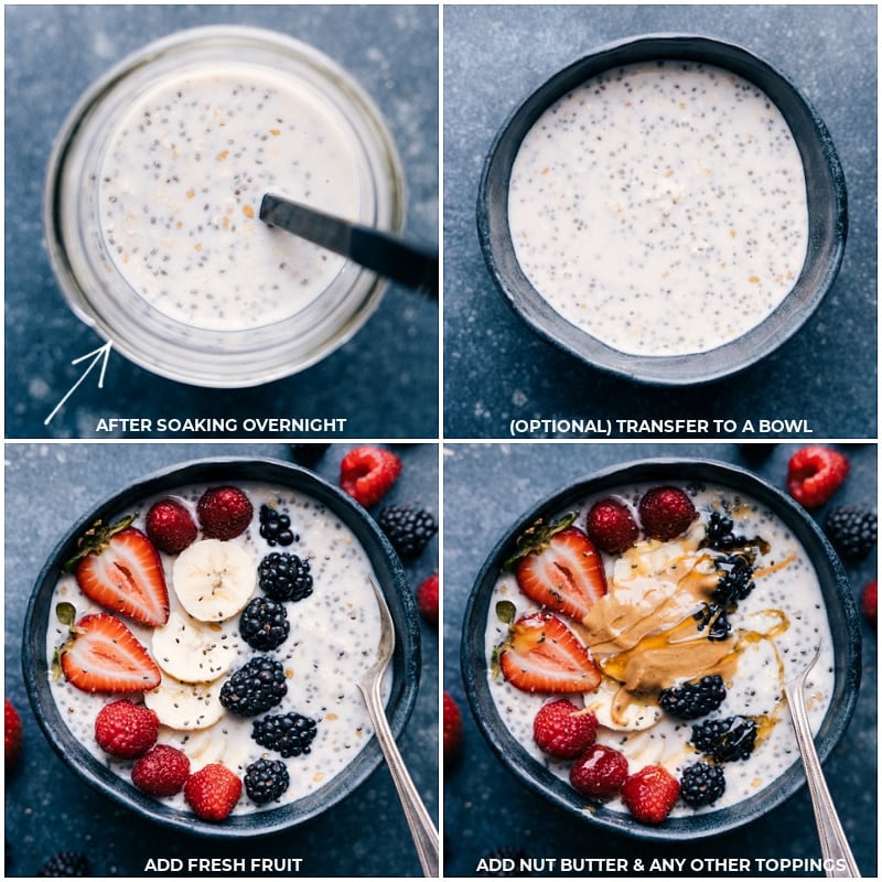 Process shots: After soaking, the mixture is thick; transfer to a bowl; add fresh fruit; add nut butter and other toppings.