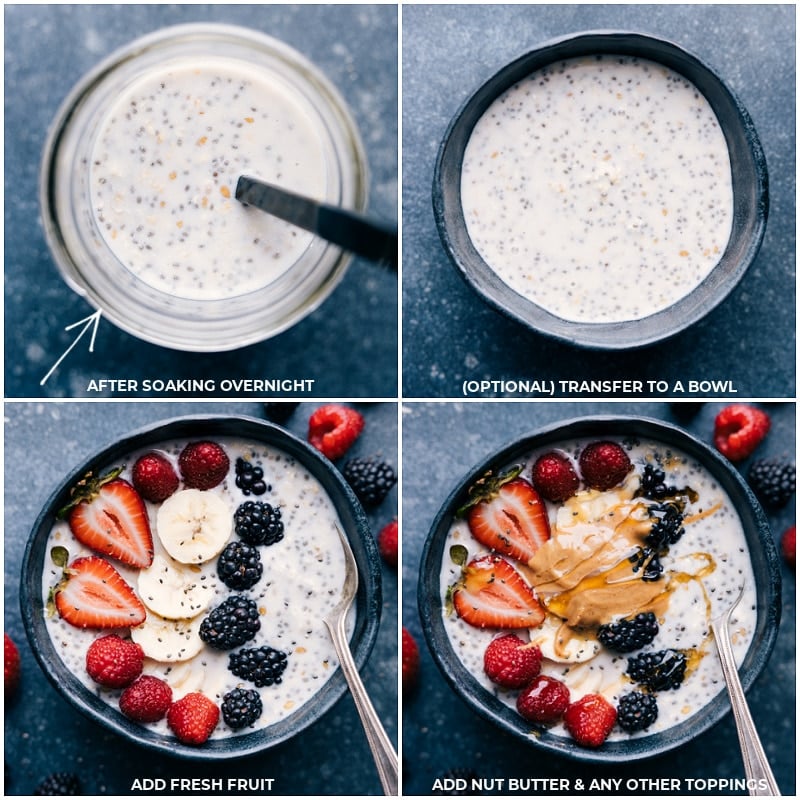 Process shots: After soaking, the mixture is thick; transfer to a bowl; add fresh fruit; add nut butter and other toppings.