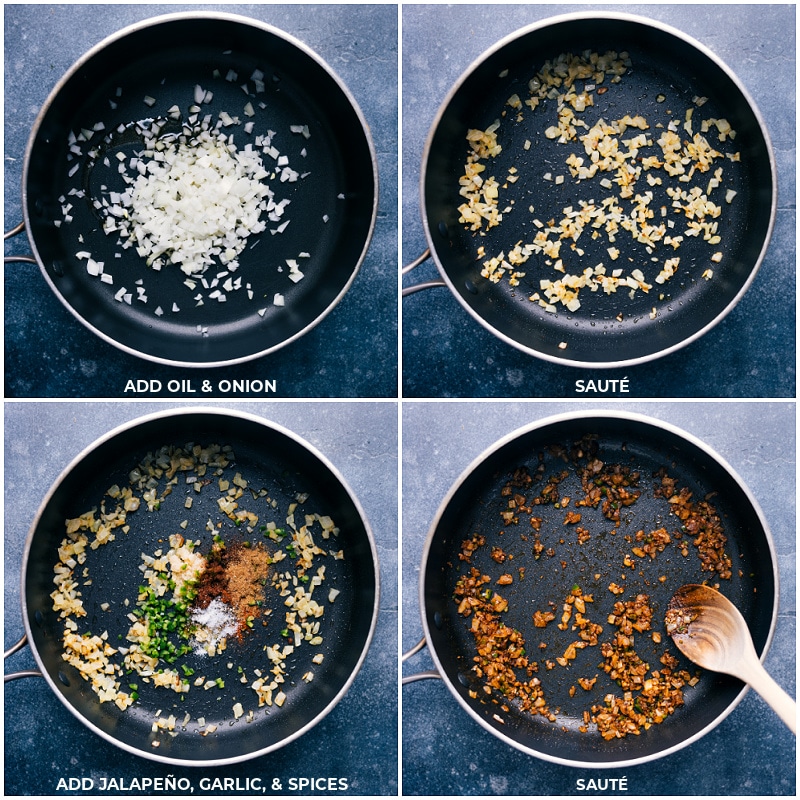 Process shots-- images of the oil, onion, jalapeño, garlic, and spices being added and it all being sautéed together