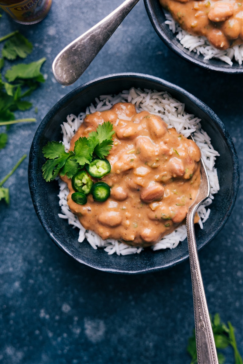 Overhead image of Rice and Beans in a bowl ready to be enjoyed