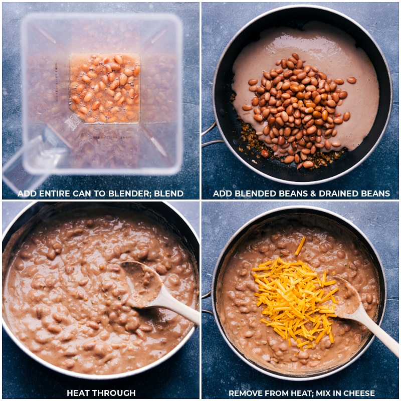 Process shots of rice and beans-- images of the beans being blended; undrained beans being added; it all being cooked through; cheese being added