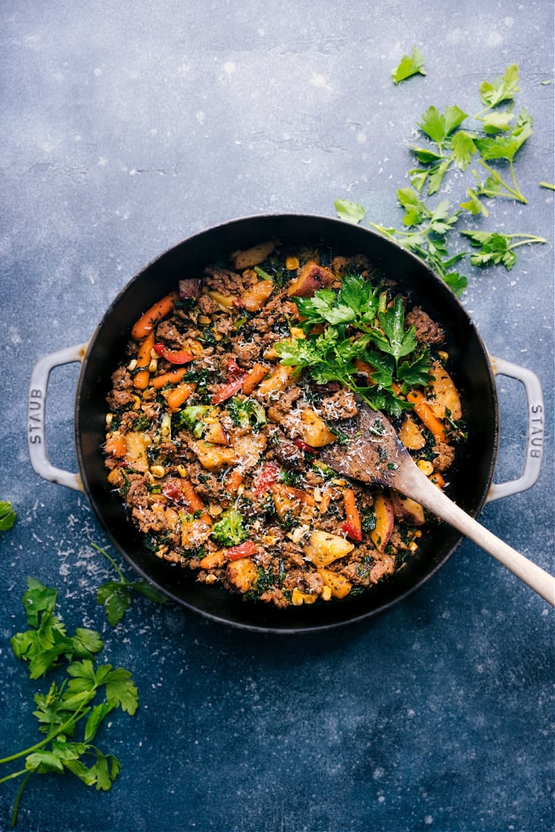 View of Sausage and Veggie Skillet, still in the pan