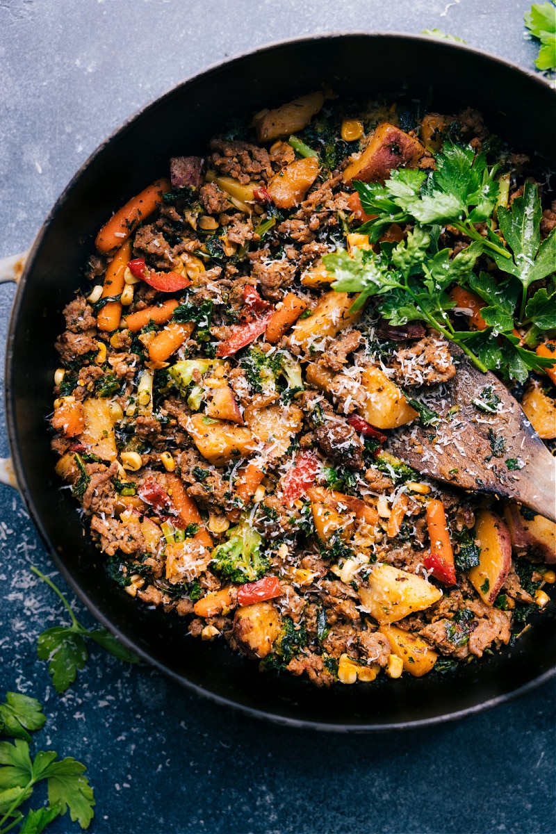 Overhead view of Sausage and Veggie Skillet