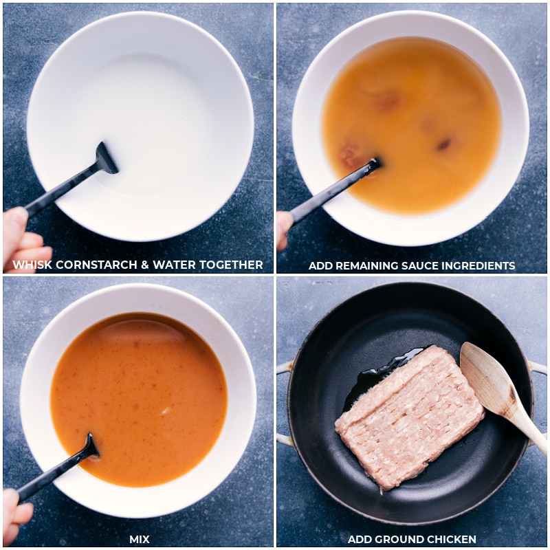 Process shots-- images of the sauce ingredients being whisked together and the ground chicken being added