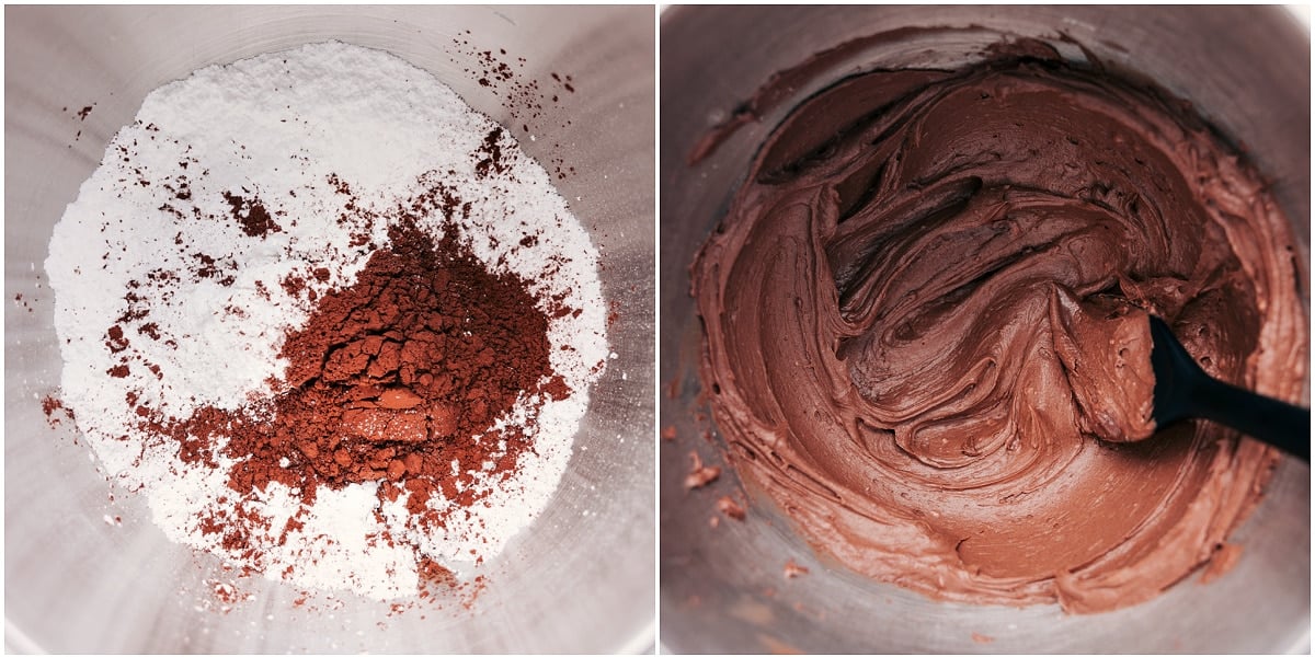 How To Make The Chocolate Frosting The chocolate frosting being mixed together to top these lunch lady bars.
