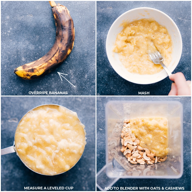 Process shots-- images of the banana being mashed and then added to a blender with oats and cashews