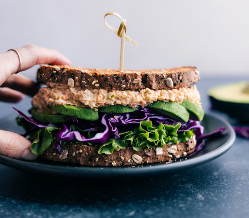 Image of the Buffalo Chickpea Salad Sandwich ready to be enjoyed