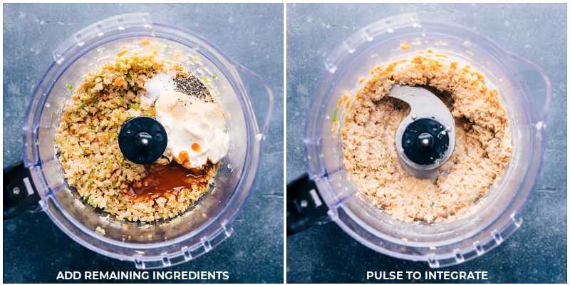 Process shots-- images of the remaining ingredients being added to the food processor, and it all being mixed together