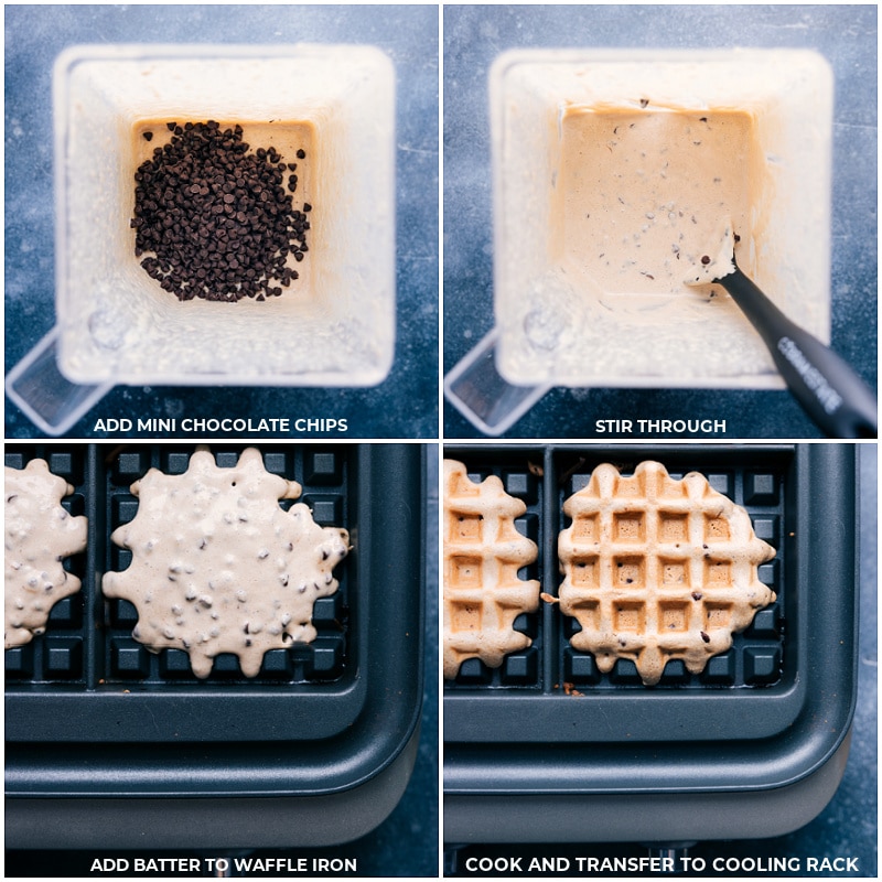 Process shots: add chocolate chips to the batter; stir through; add batter to the waffle iron; cook and transfer to a cooling rack