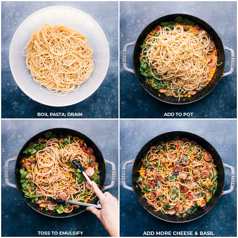 Process shots: cook and drain spaghetti; add to pot and toss to emulsify; add more cheese and basil